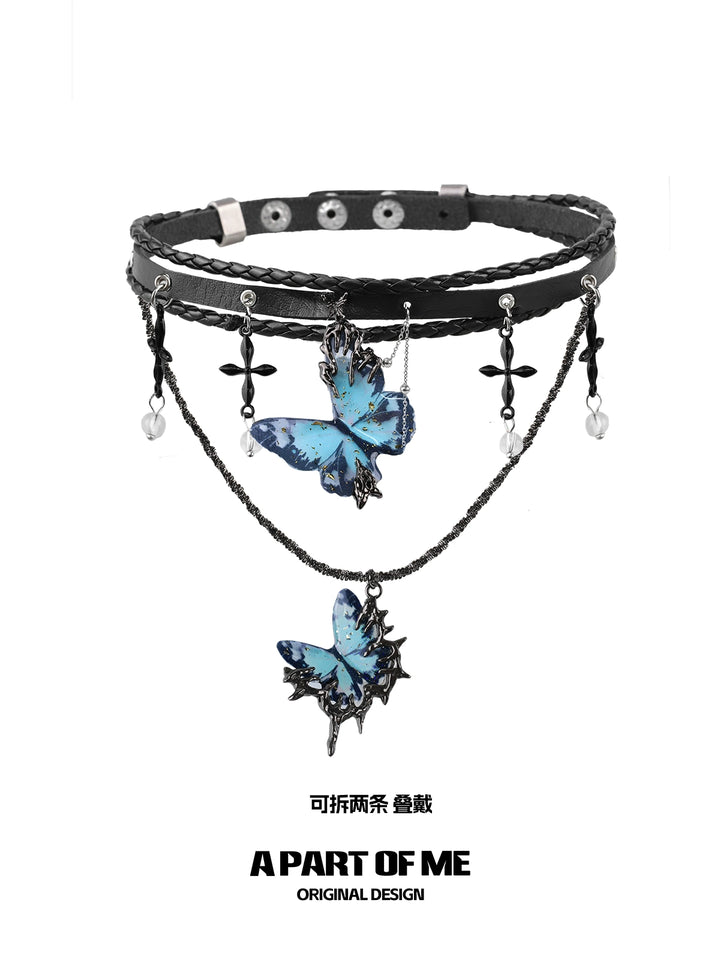 Blue Butterfly Leather Necklace