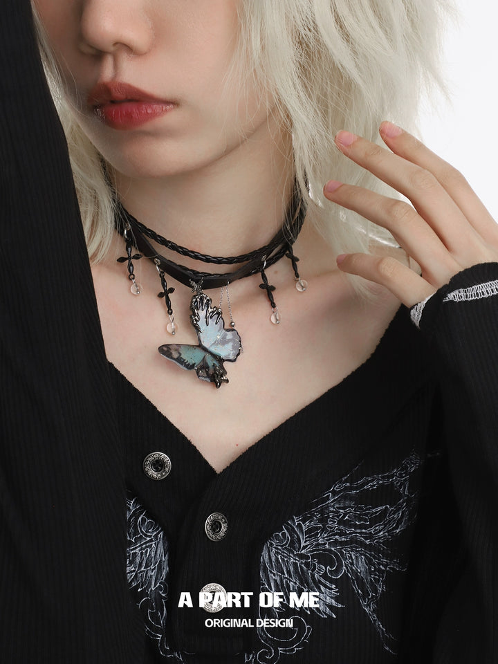 Blue Butterfly Leather Necklace